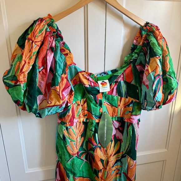 NWT Farm Rio Banana Foliage Puff-Sleeve Cotton Voile Midi-Dress - Large - Picture 15 of 16